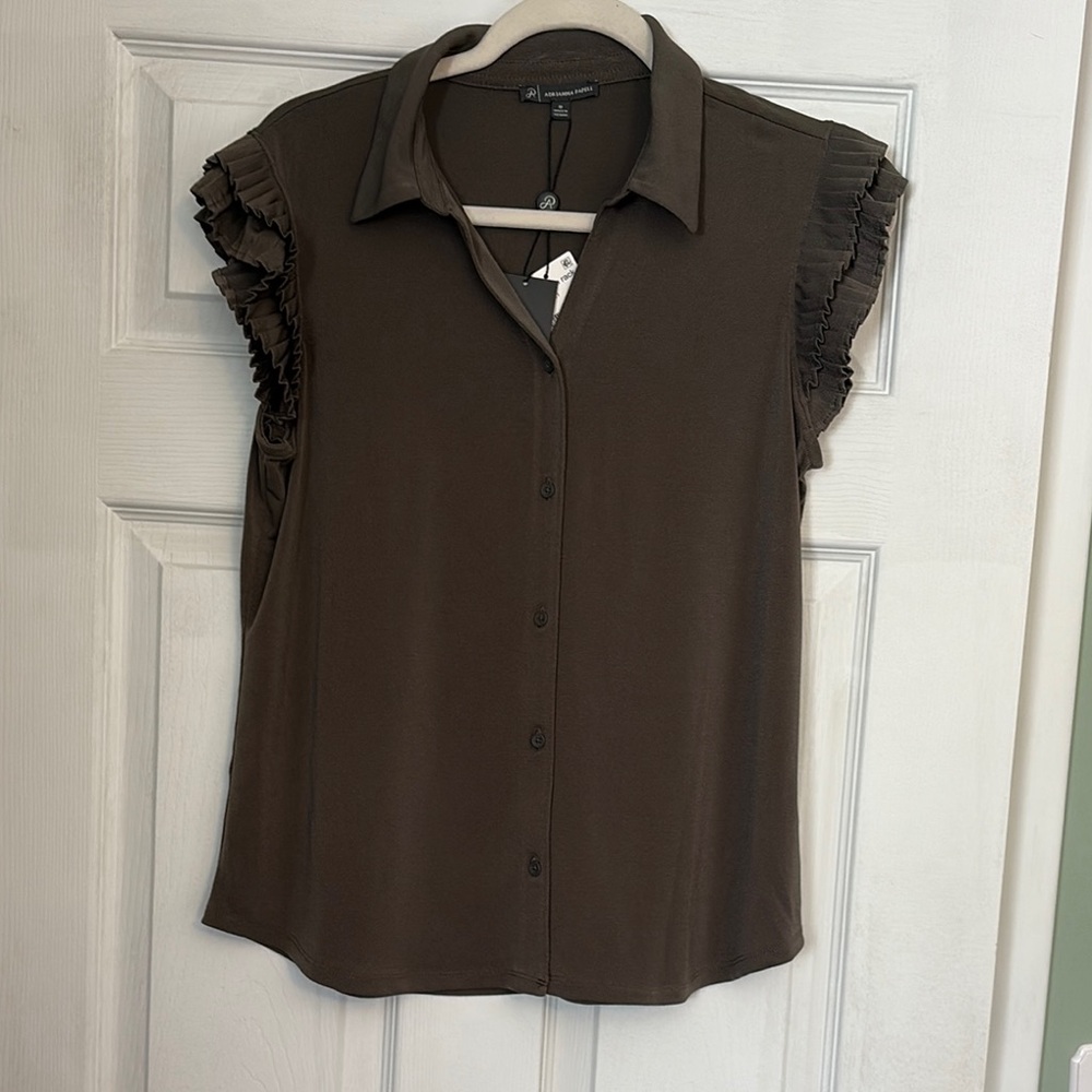 Adrianna Papell Green Button Down Blouse with Notched Collar